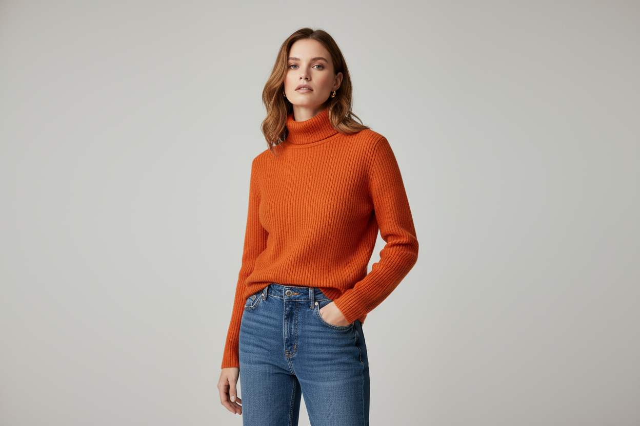 woman model wearing turtleneck sweater (orange), background light grey, needs to look like taken professionally